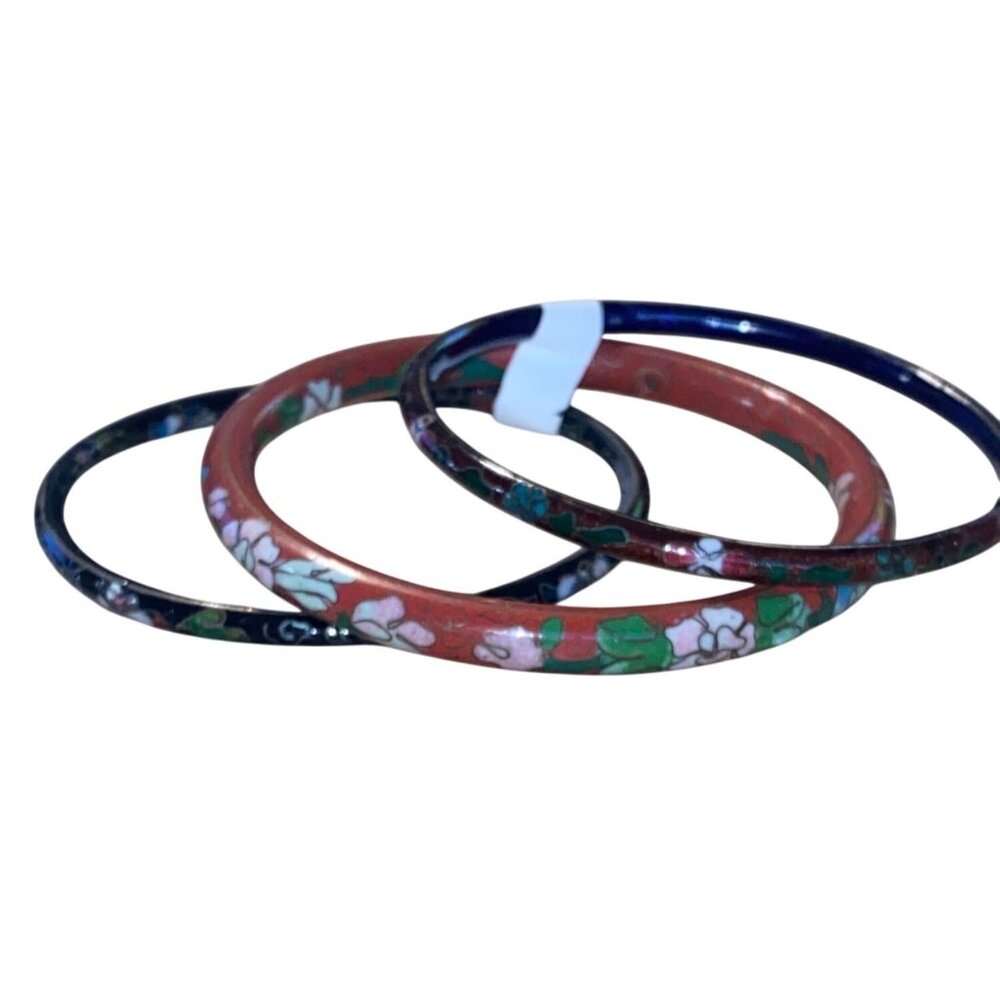 Set Of 3 Vintage Floral Cloisonné Bangles